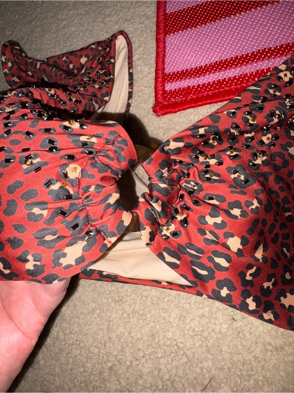 Cosita Linda- Red Leopard Print Ruffle Sleeve Bikini Top & Bottom w/ beaded. XL - Picture 5 of 6